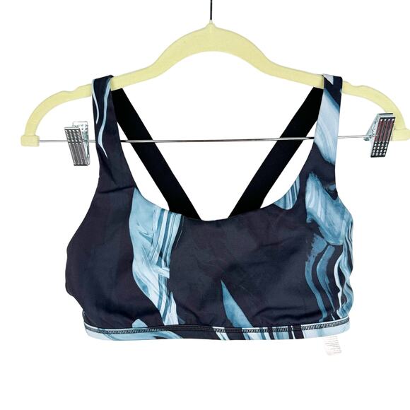 Spanx Black & Blue Swirl Print Stretch Pad Less Thick Strap Sports Bra Sz Medium - Picture 1 of 7
